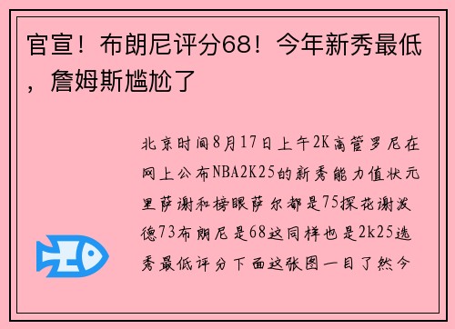 官宣！布朗尼评分68！今年新秀最低，詹姆斯尴尬了