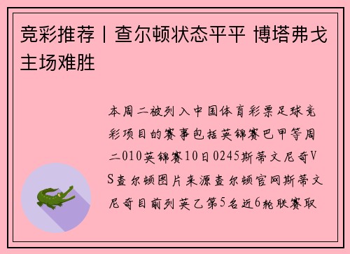 竞彩推荐丨查尔顿状态平平 博塔弗戈主场难胜